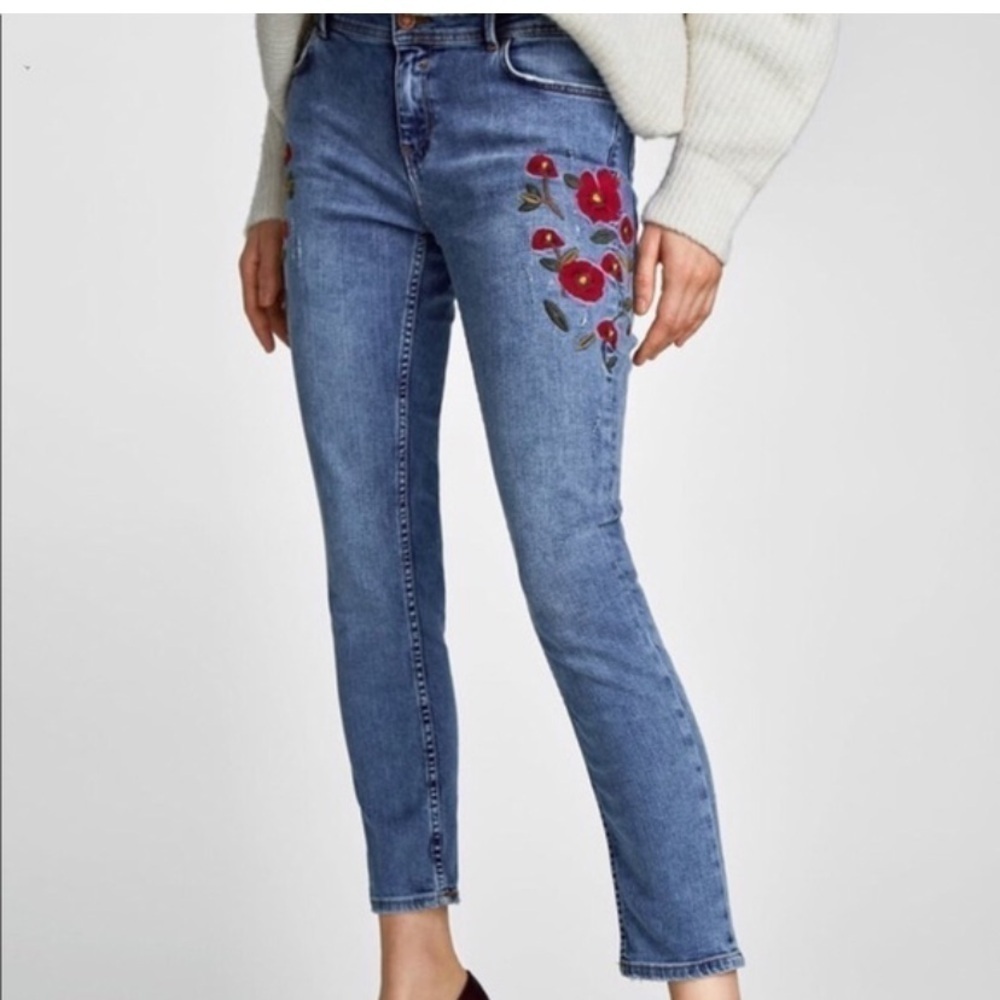 Zara Floral Embroidered Jeans Ankle Crop Skinny Blue Denim Size 2
